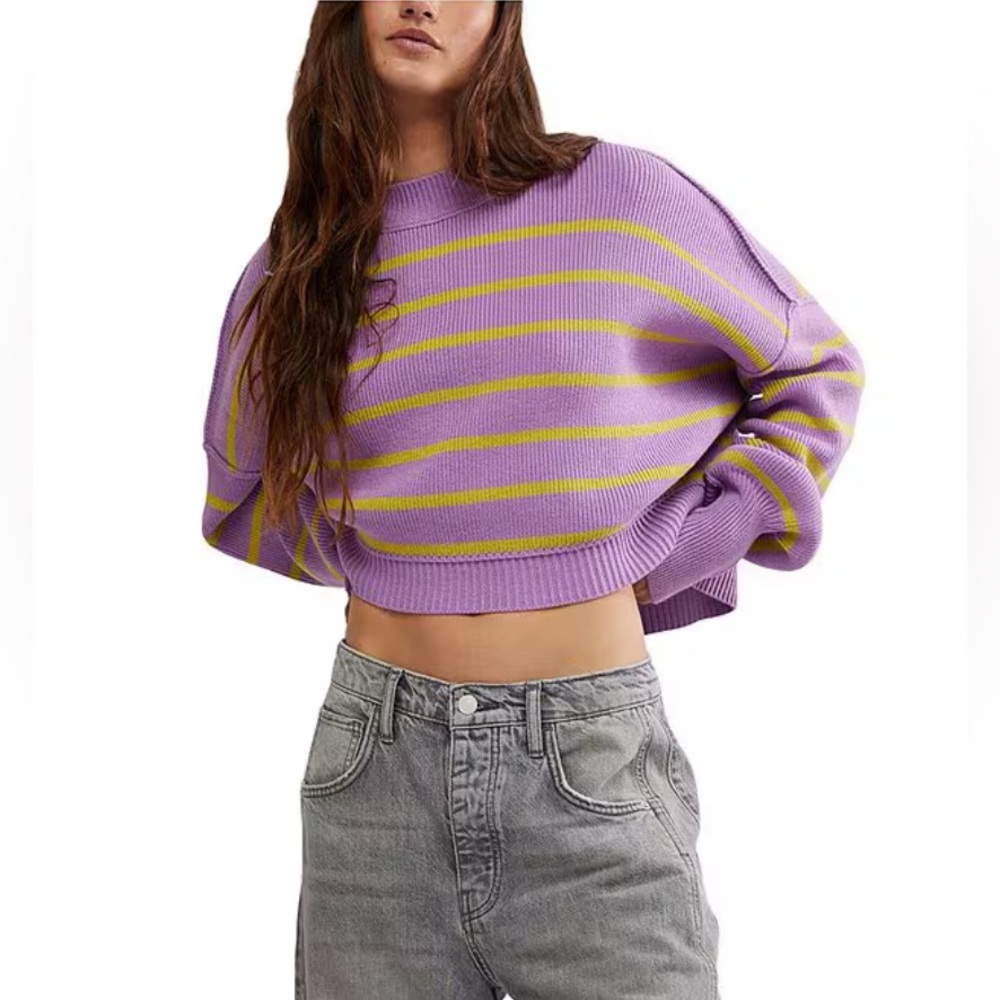 NWT Free People Easy Street Stripe Print Mock Neck Long Sleeve Cropped Pullover
